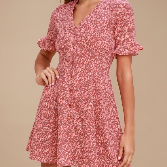 Lulus - Castana Rust Red Print Button-Up Dress - Size S - Picture 3 of 8